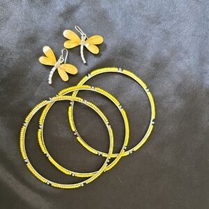 Yellow Beaded Bracelets and Dragonfly Earrings Set